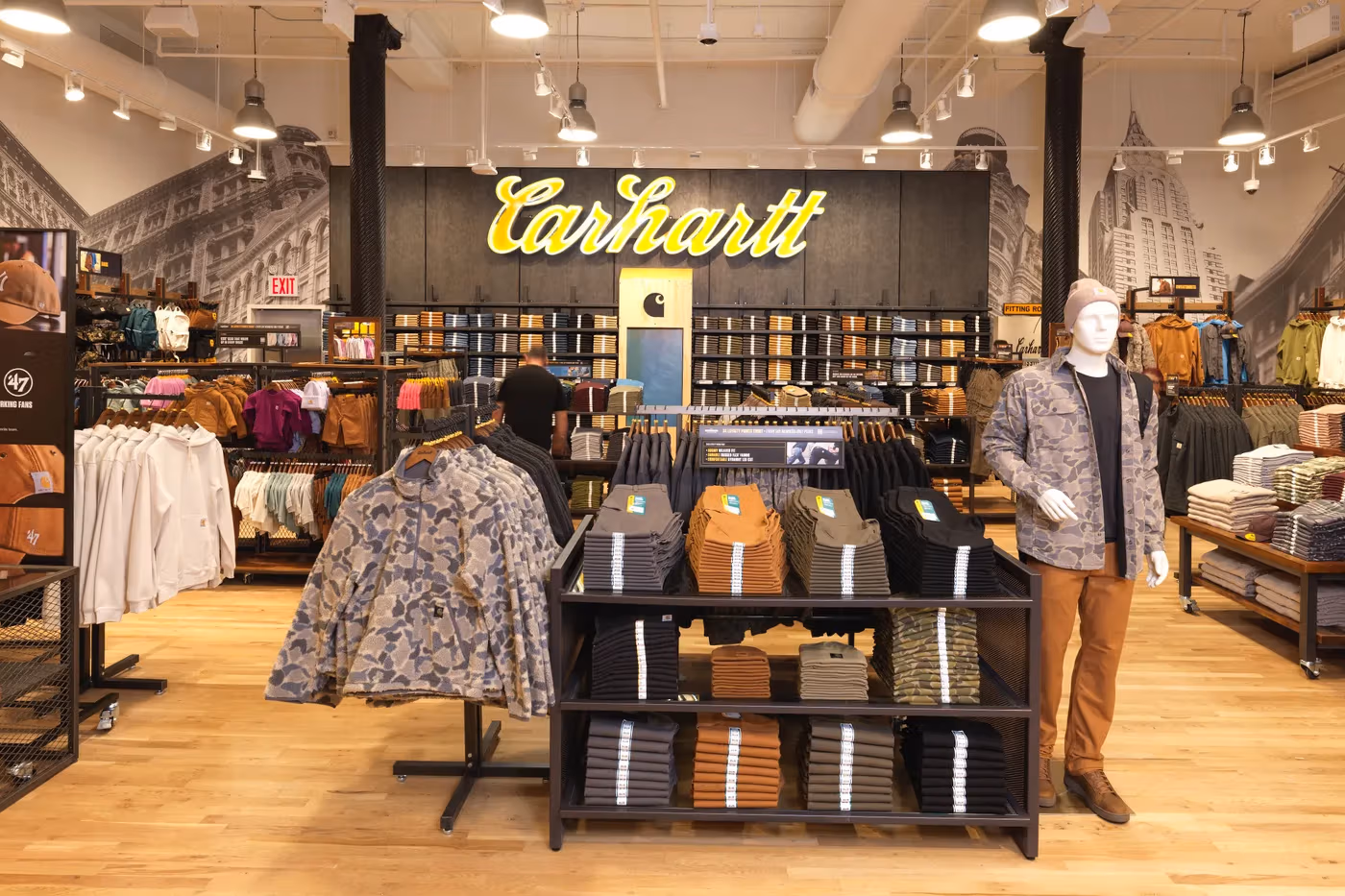 Carhartt NYC store opening photo showing branded storefront signage and visual merchandising elements